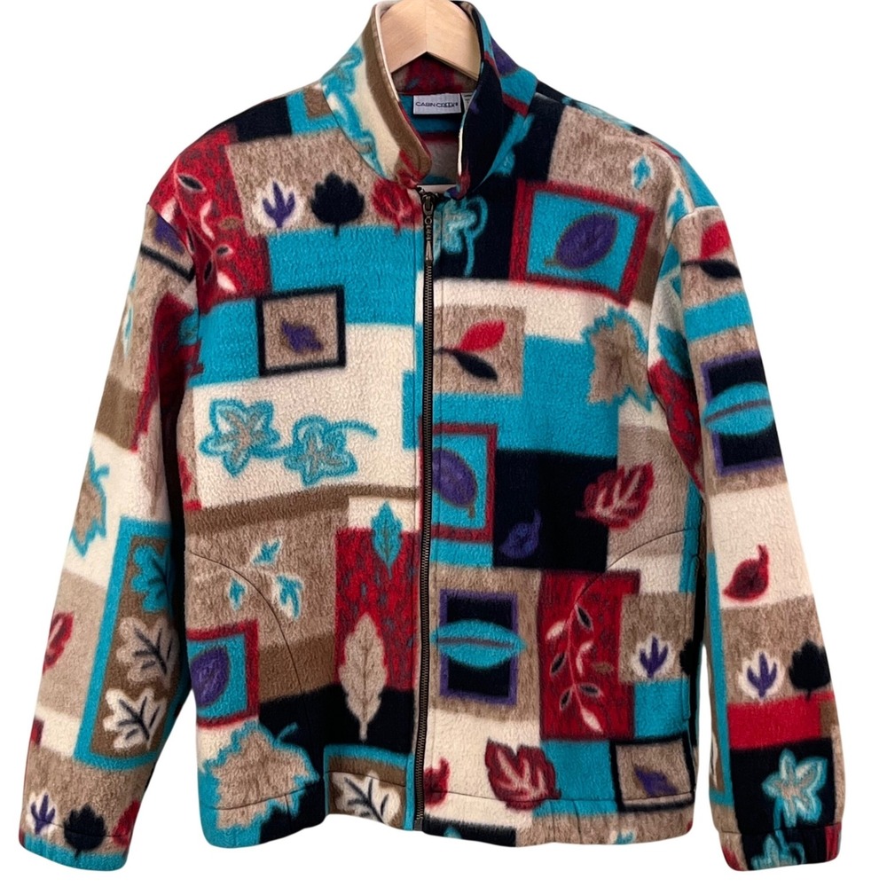 Cabin Creek Petite Patchwork Autum‎ Leaf Geometric Full Zip Fleece Jacket PM